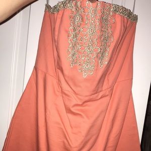 Strapless coral and gold mudpie dress